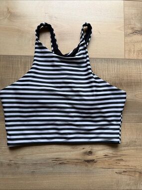Striped High Neck Crop Swim Top - Black & White